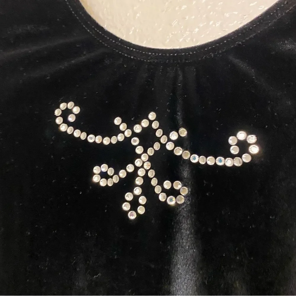 GK elite gymnastics competition leotard long sleeve black velvet rhinestone -S
